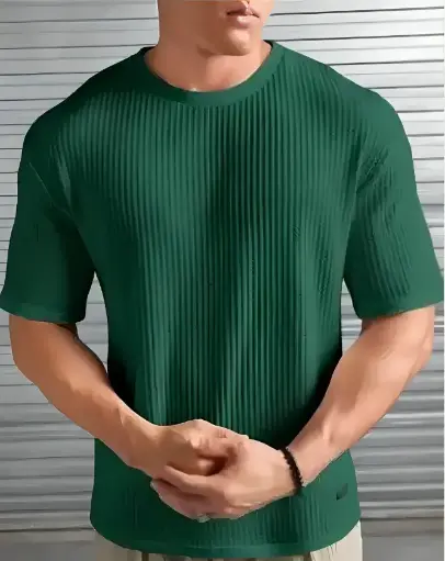 Popcorn fabric round neck green tshirt for men